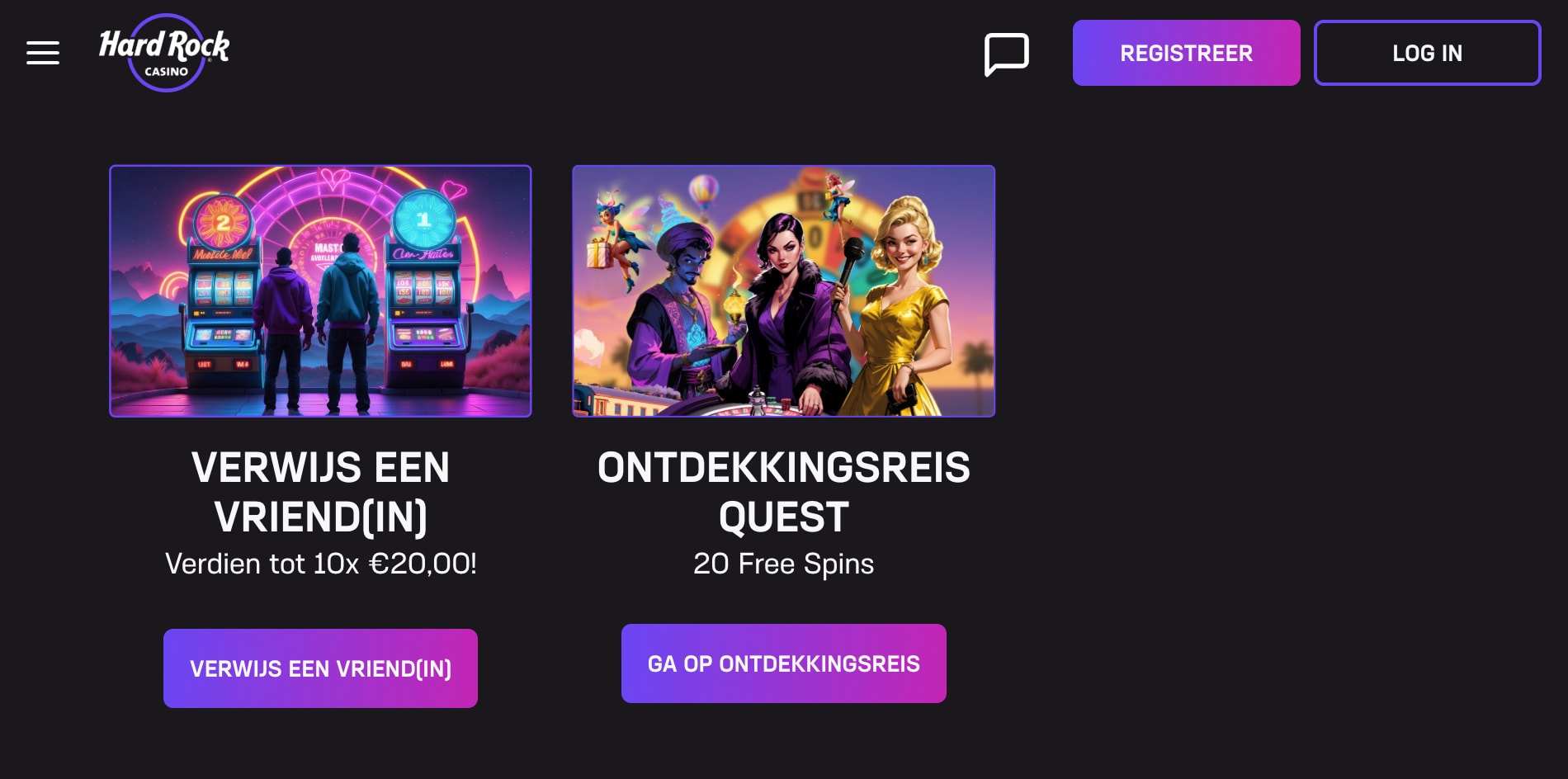 Screenshot van de promotiepagina van Hard Rock Casino, waarop een slot promotie en een 'verwijs-een-vriend' bonus te zien zijn.