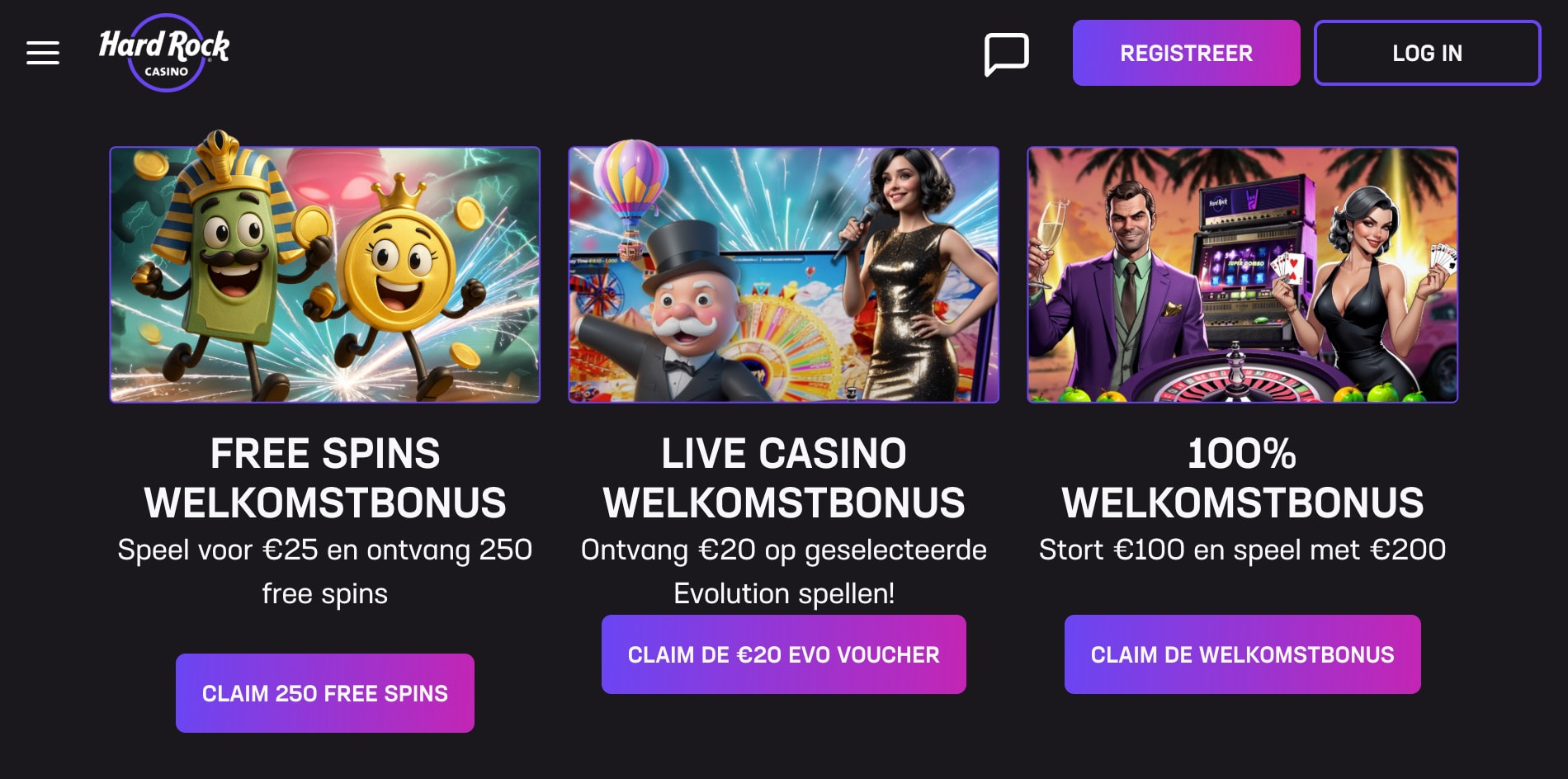 Overzicht van de drie verschillende welkomstbonussen bij Hard Rock Casino