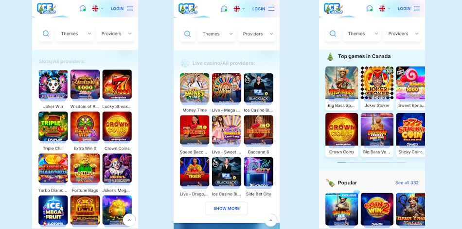 Ice Casino Mobile Screens.