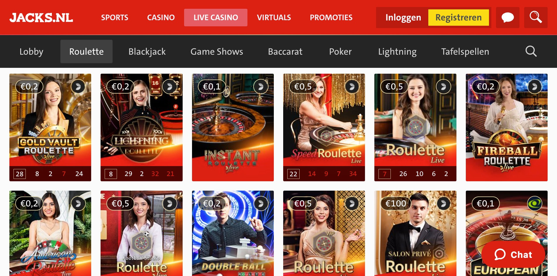 De lobby van het live casino van Jack's met een overzicht van de Nederlandstalige roulette tafels.