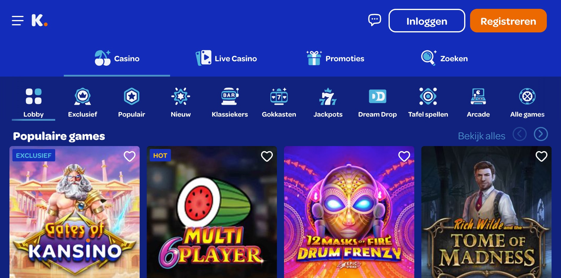 Overzicht van de zeer uitgebreide lobby met 5000+ gokkasten bij Kansino, waarop honderden verschillende kleurrijke speliconen te zien zijn.