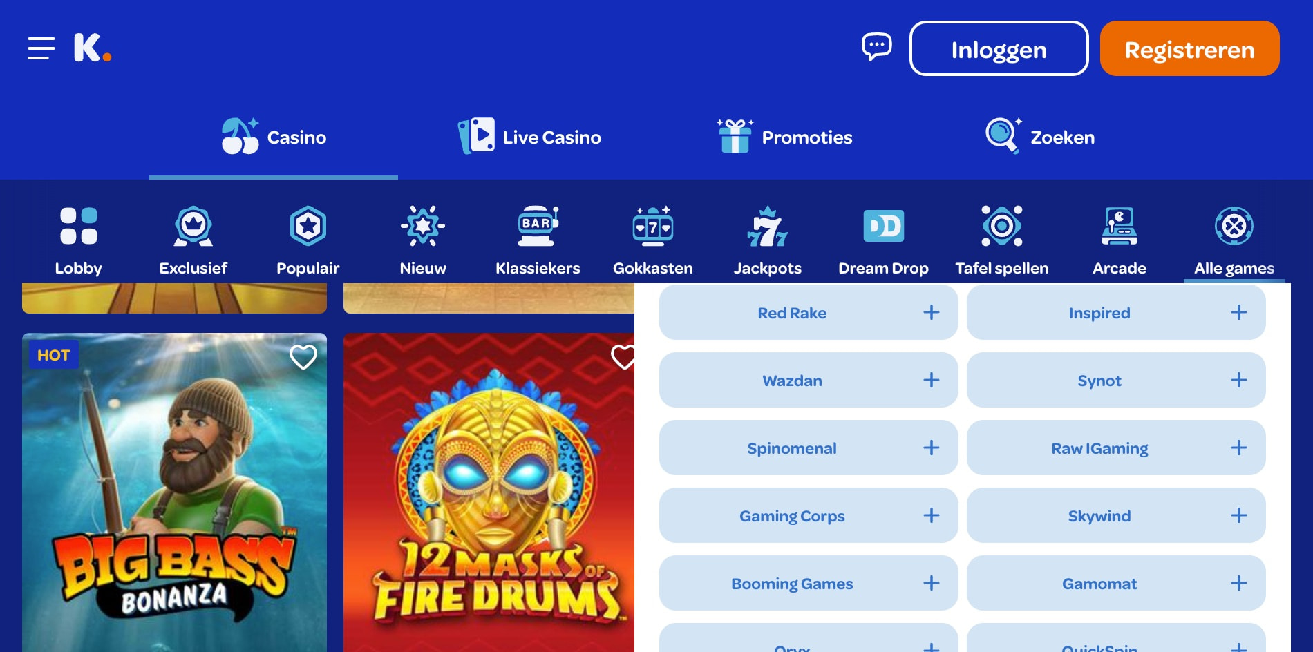 Het filtermenu van Kansino waar een speler kan sorteren op spelproviders, met een lange lijst van logo's zoals Play'n GO, Pragmatic Play en Relax Gaming.