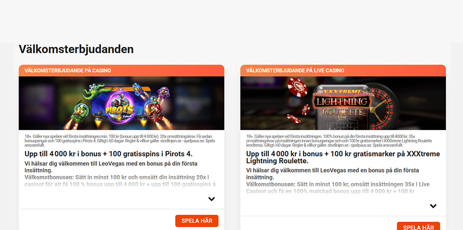 LeoVegas olika välkomstbonusar