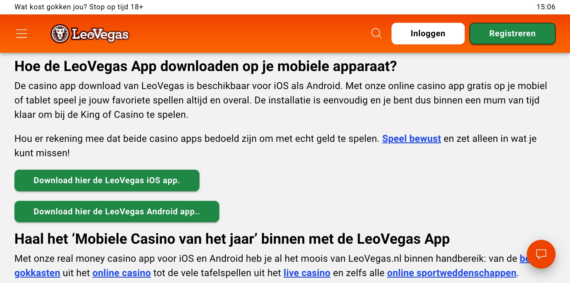 De LeoVegas casino app op iOS en Android, een bekroonde mobiele casino app.