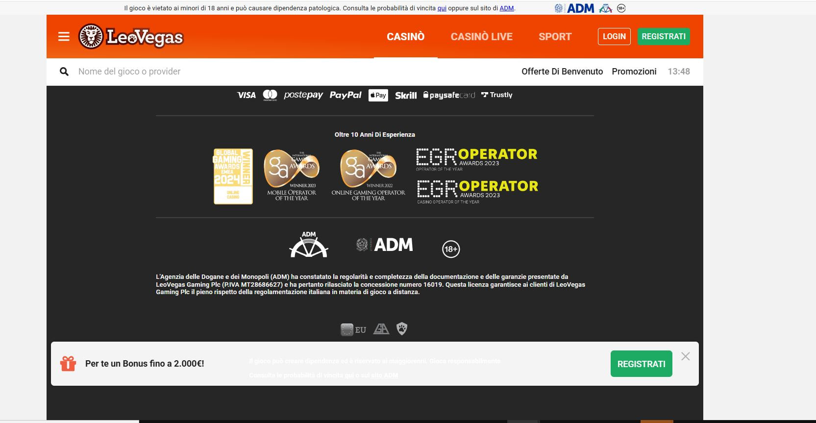 Il footer della homepage del casinò online LeoVegas.