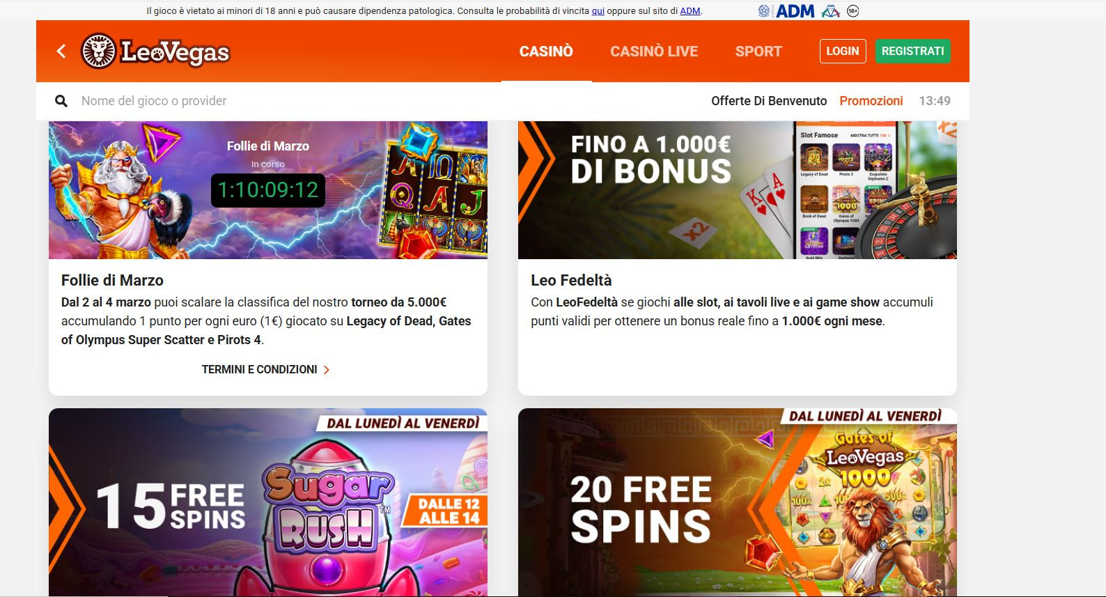 La pagina delle promozioni di LeoVegas.