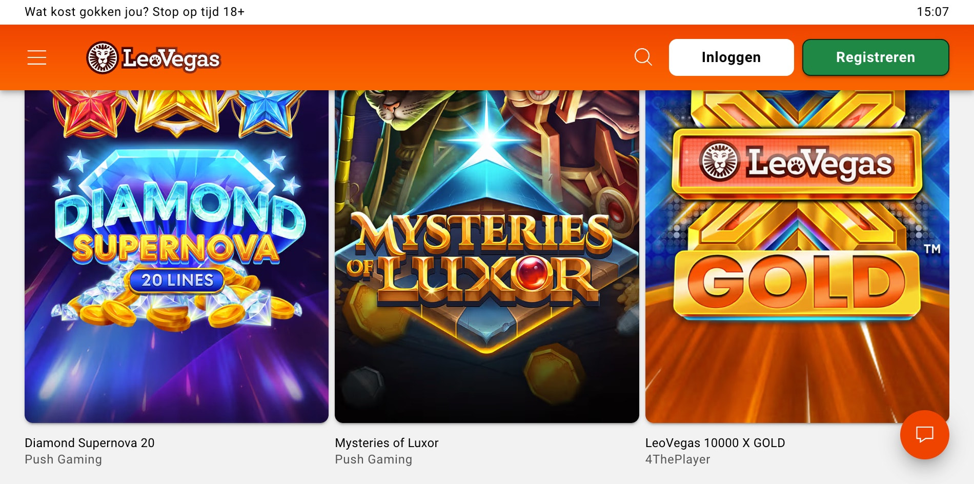 Overzicht van de gokkastenlobby bij LeoVegas, met een kleurrijke verzameling van populaire spellen.