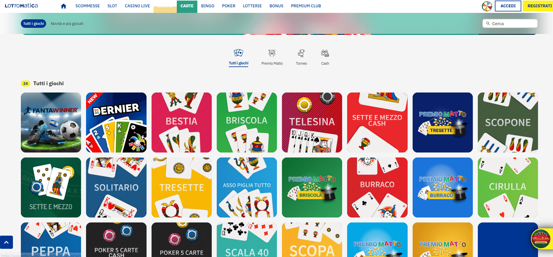 La pagina con tutti i giochi di carte presenti sul casinò online Lottomatica.