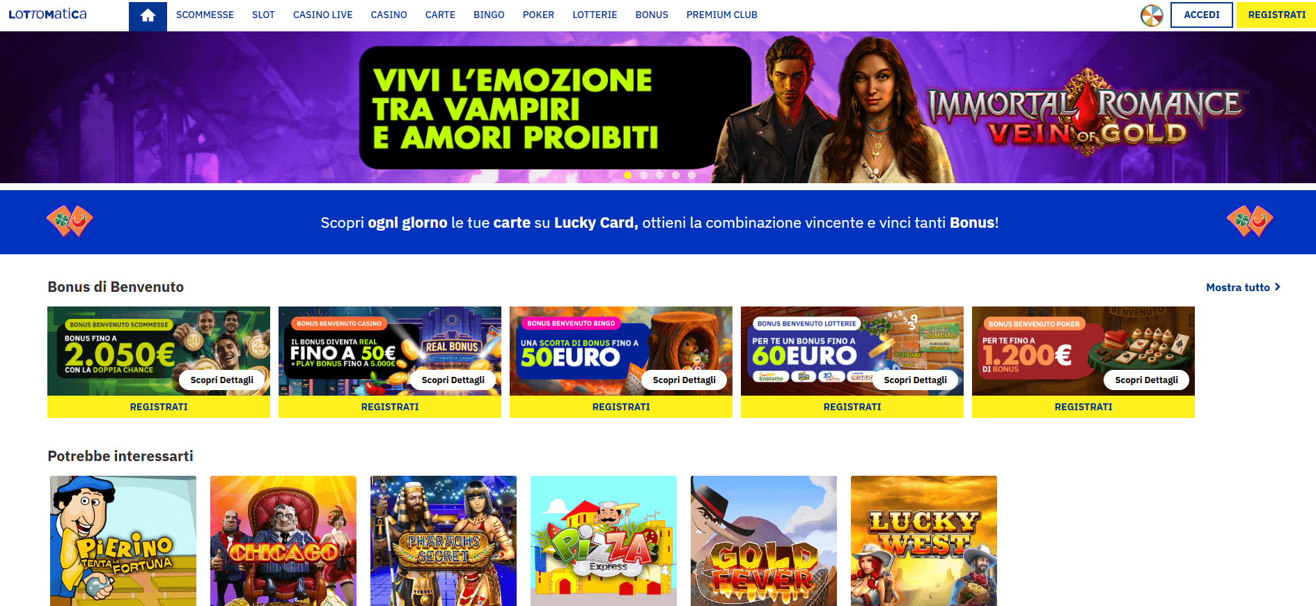 La schermata principale di Lottomatica con il menù, i bonus e i giochi in evidenza.
