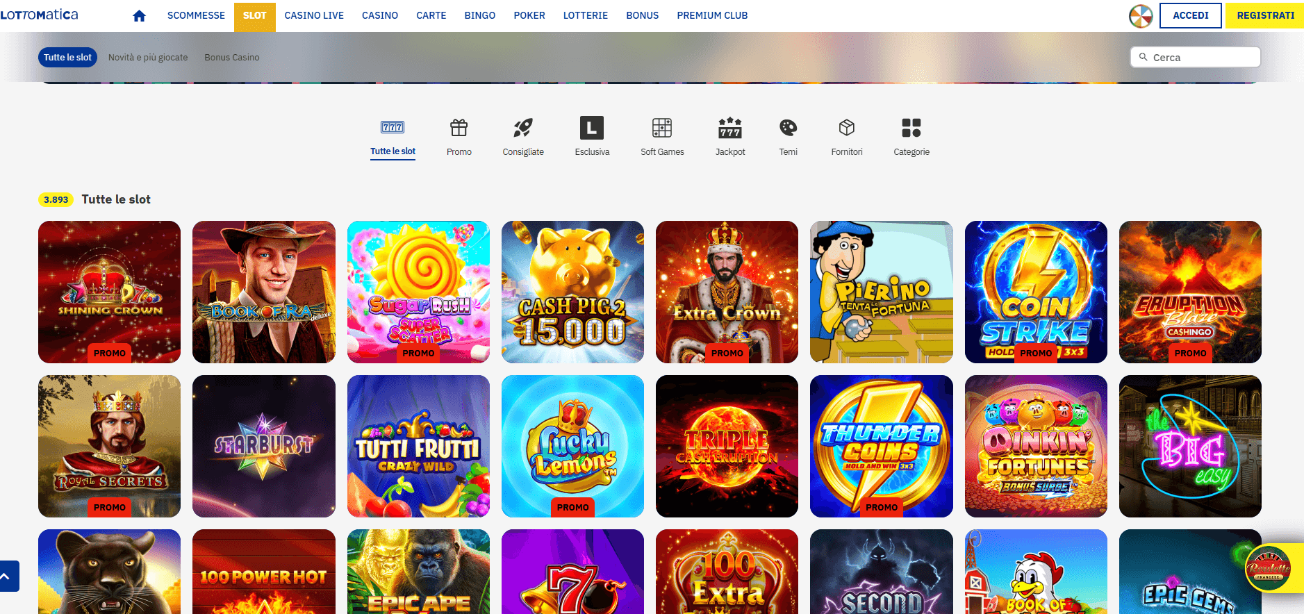 La sezione delle slot su Lottomatica, con giochi in evidenza e filtri di ricerca.