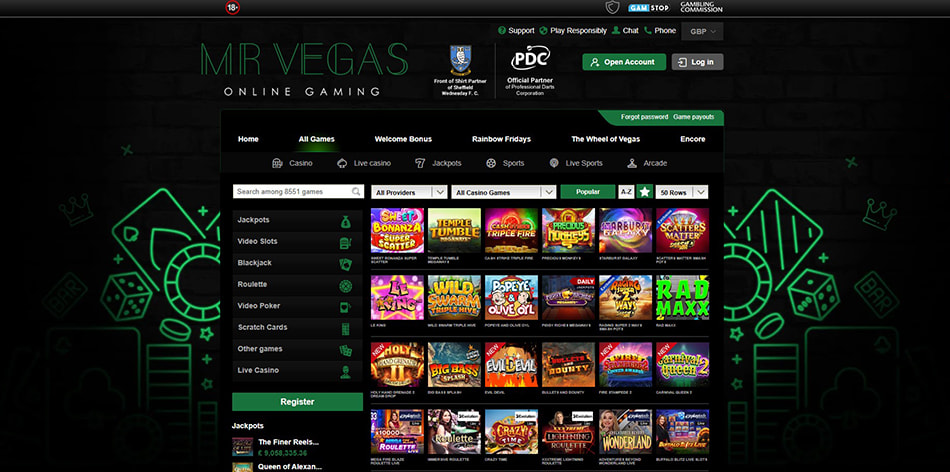 Screenshot of the Game Library at Mr Vegas