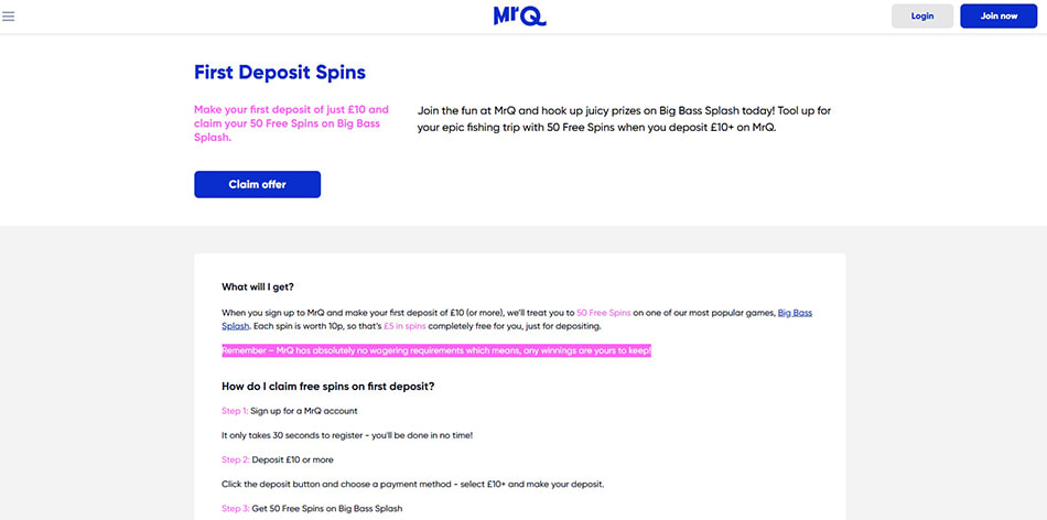 I appreciated the bonuses with no wagering requirements at MrQ.