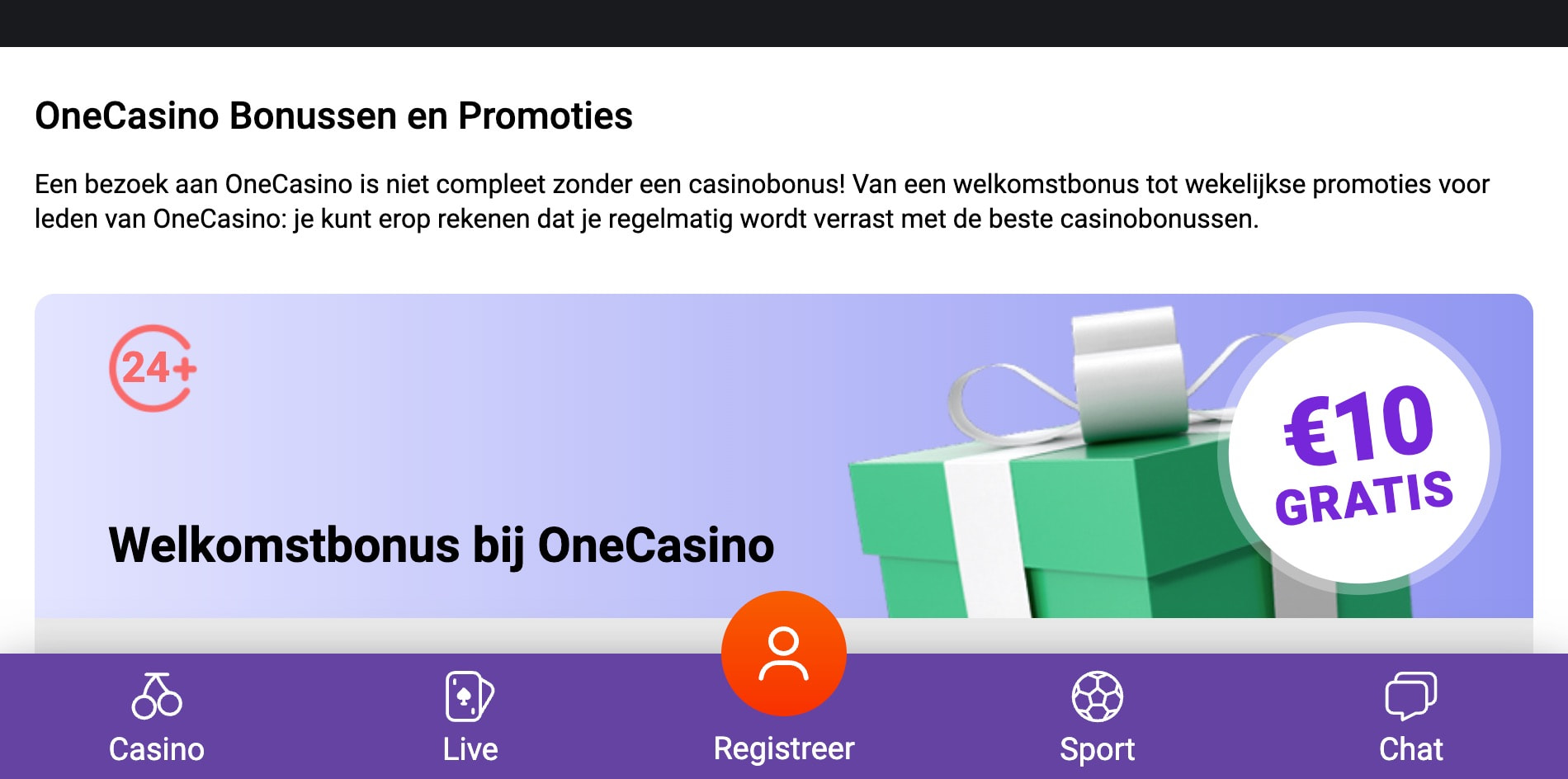 Schermafbeelding van de promotiepagina van One Casino die de €10 gratis bonus na registratie toont.
