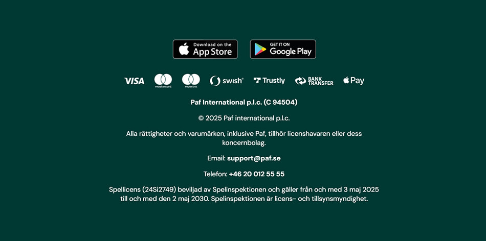 Pafs betalningsmetoder, kontaktuppgifter och licensnummer