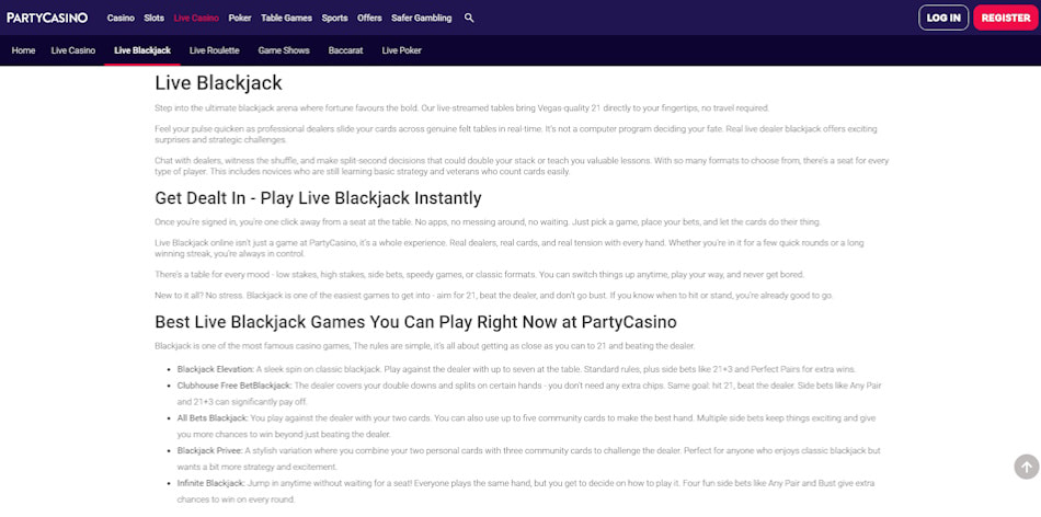 Party Casino Instant Play Blackjack Tables