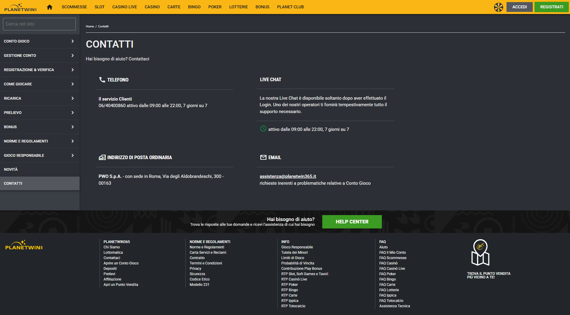 La schermata dei contatti dell’assistenza di Planetwin365.