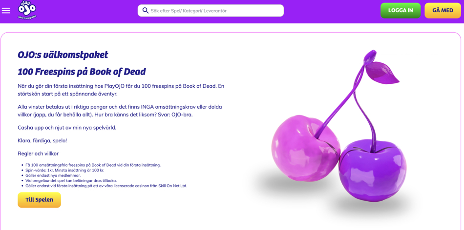 Bilden visar PlayOJOs välkomsterbjudande