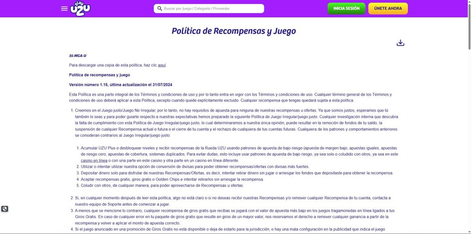 The rewards and play policy confirming no wagering requirements at PlayUZU in Brazil