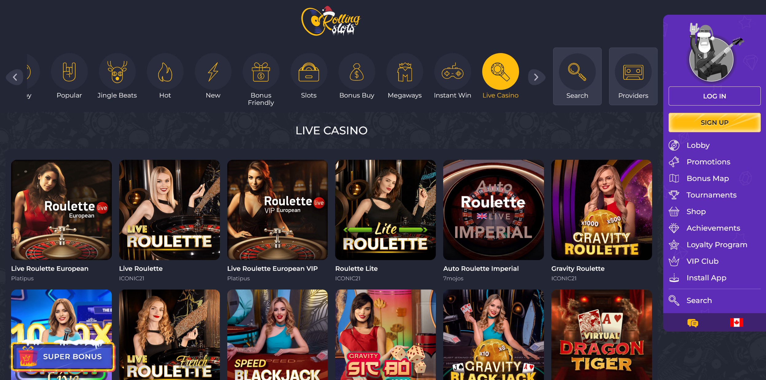 Live Dealer Games Lobby at Rolling Slots
