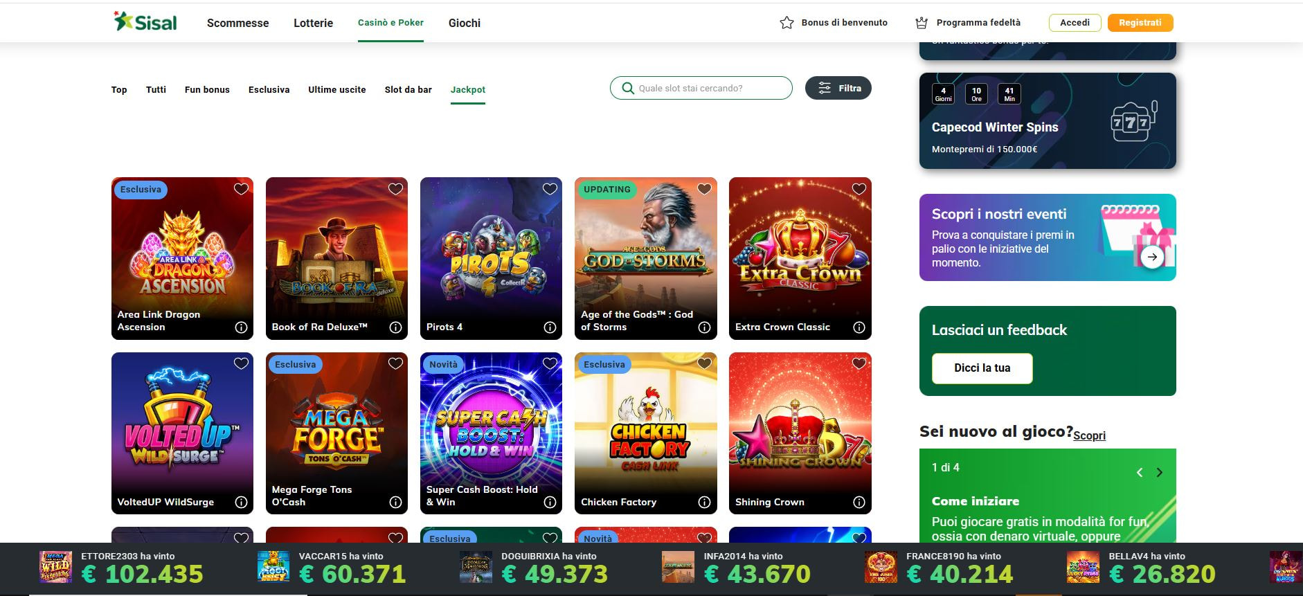 La sezione delle slot jackpot sul casinò online Sisal.