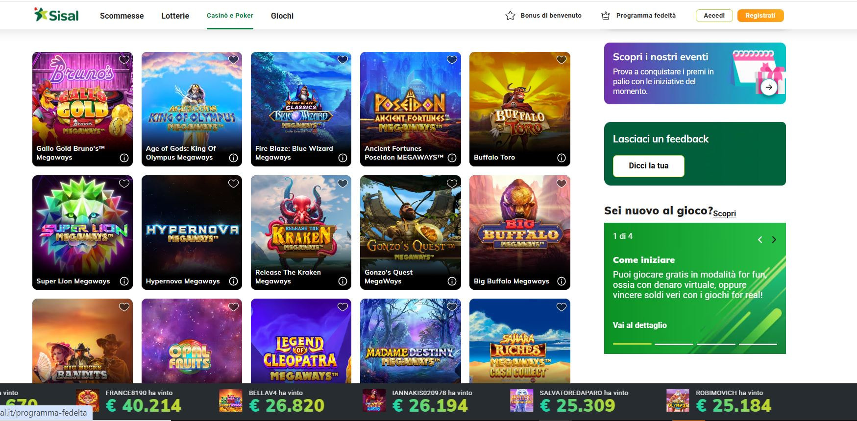 La schermata con le slot Megaways del casinò online Sisal.