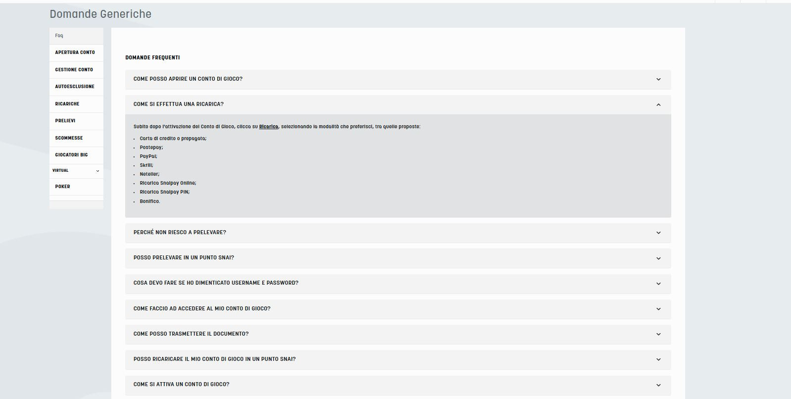 La sezione delle domande frequenti di SNAI.