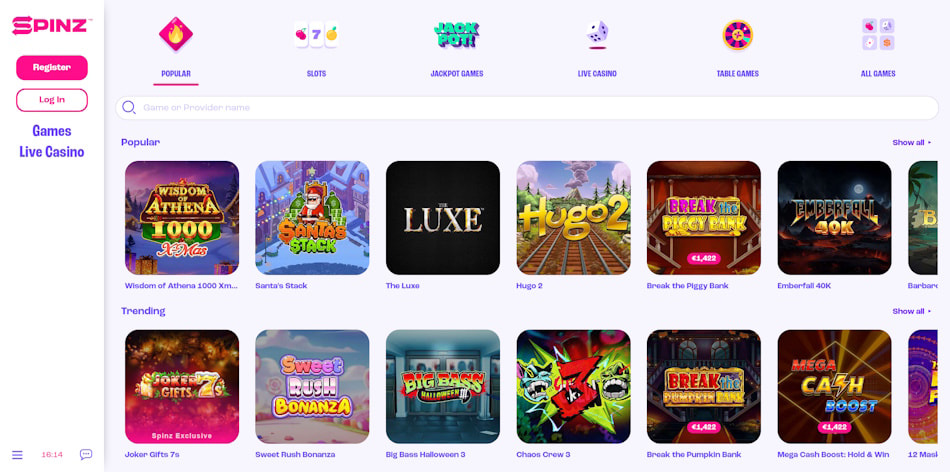 Games Lobby at Spinz Online Casino.