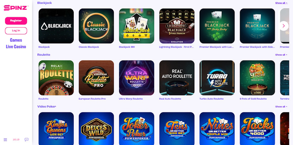 Table games and video poker at Spinz