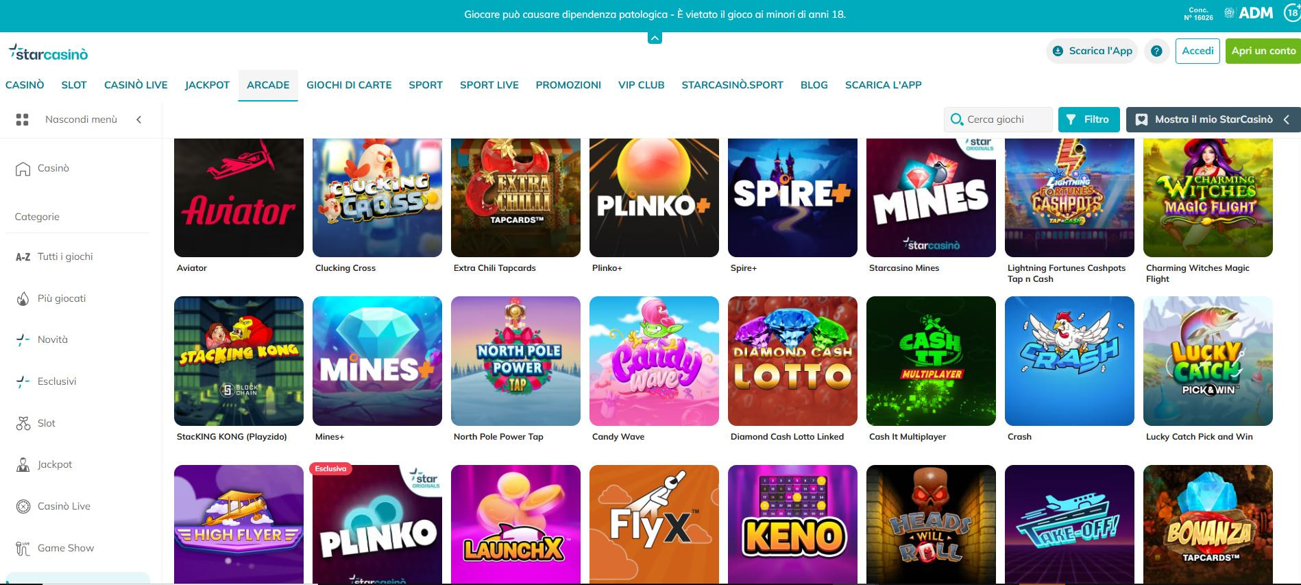 Il catalogo dei giochi Arcade sul casinò online StarCasinò.