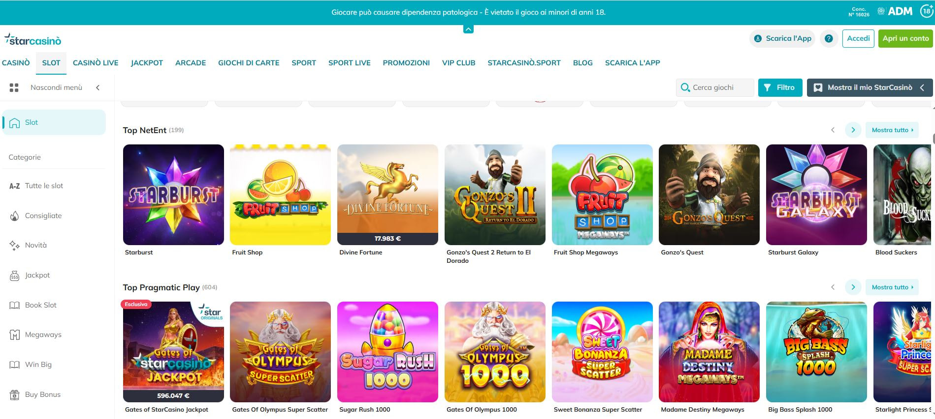 La pagina delle slot sul sito di StarCasinò.