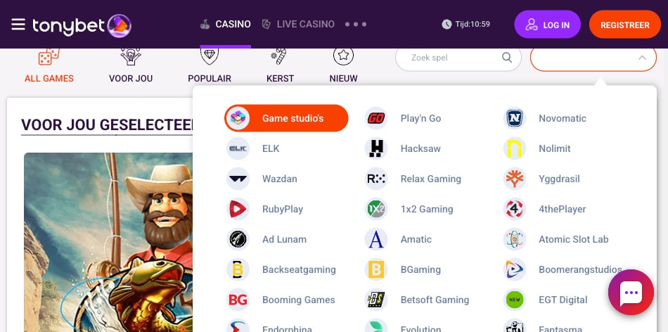 Overzicht van de vele verschillende software providers logo's beschikbaar bij TonyBet.