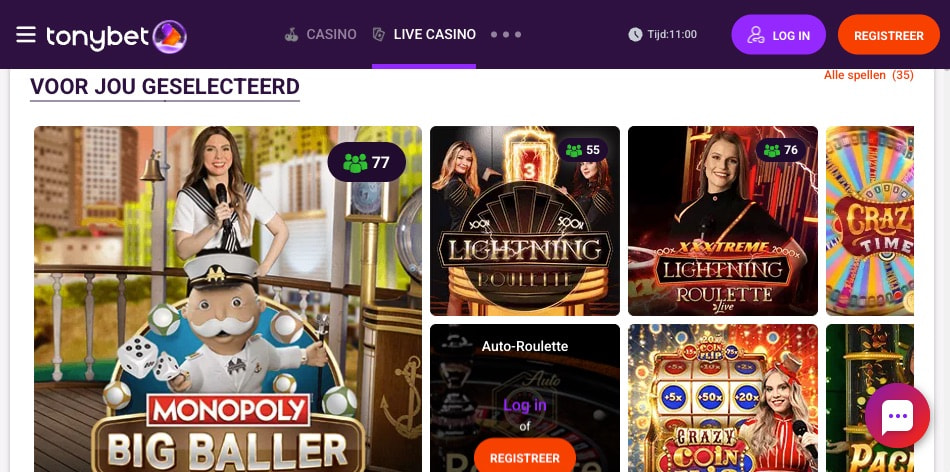 De interface van het live casino gedeelte bij TonyBet.