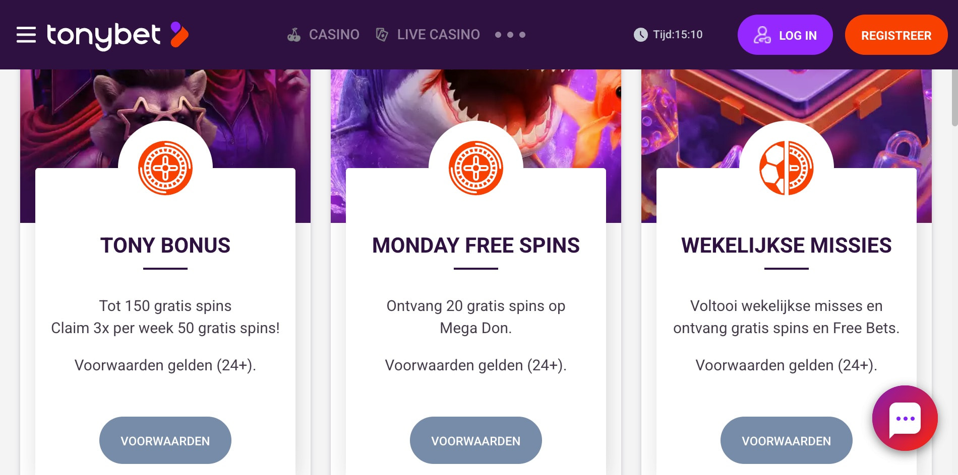 De promotiepagina van TonyBet, waar de verschillende bonussen en toernooien voor spelers worden getoond.