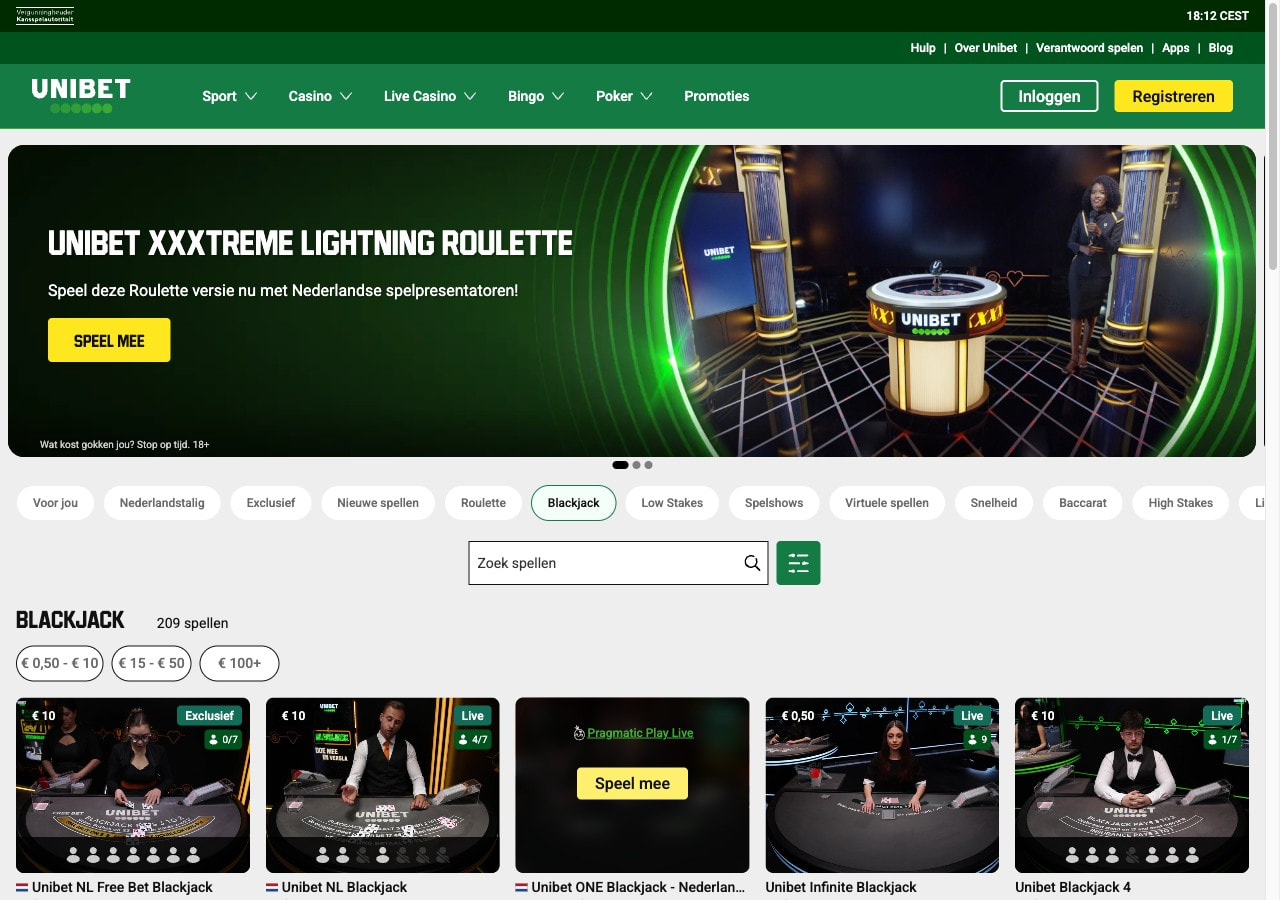 Unibet live blackjack lobby met Nederlandstalige en exclusieve tafelfilters