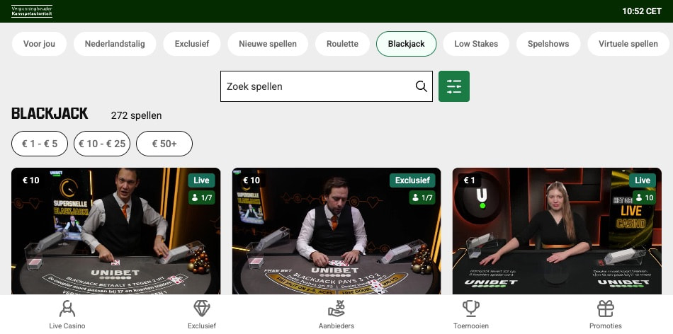 Screenshot van de exclusieve Unibet Blackjack tafels met Nederlandstalige dealers.