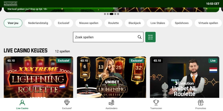 Overzicht van de live casino lobby bij Unibet met diverse game shows en tafelspellen.