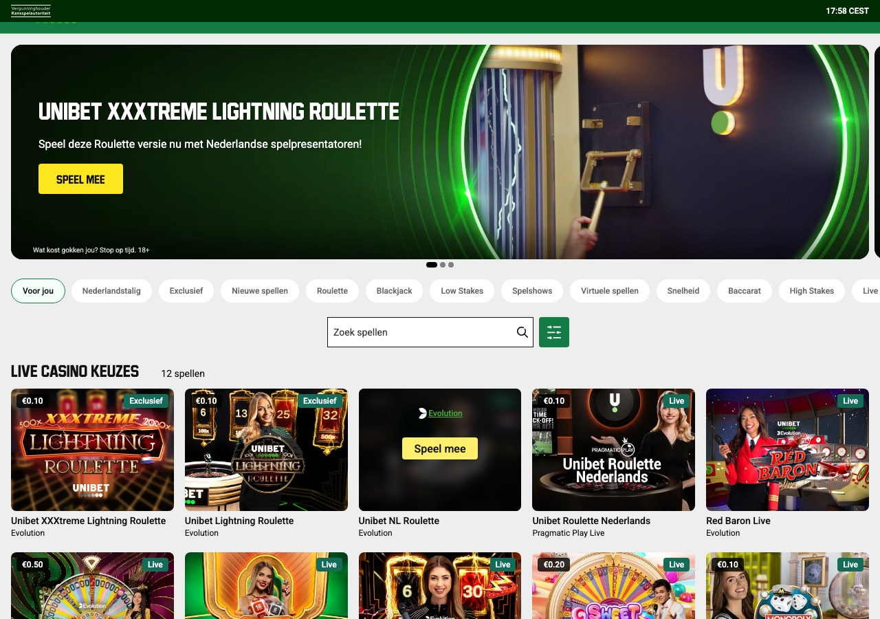 Unibet live casino lobby met Nederlandstalige tafels