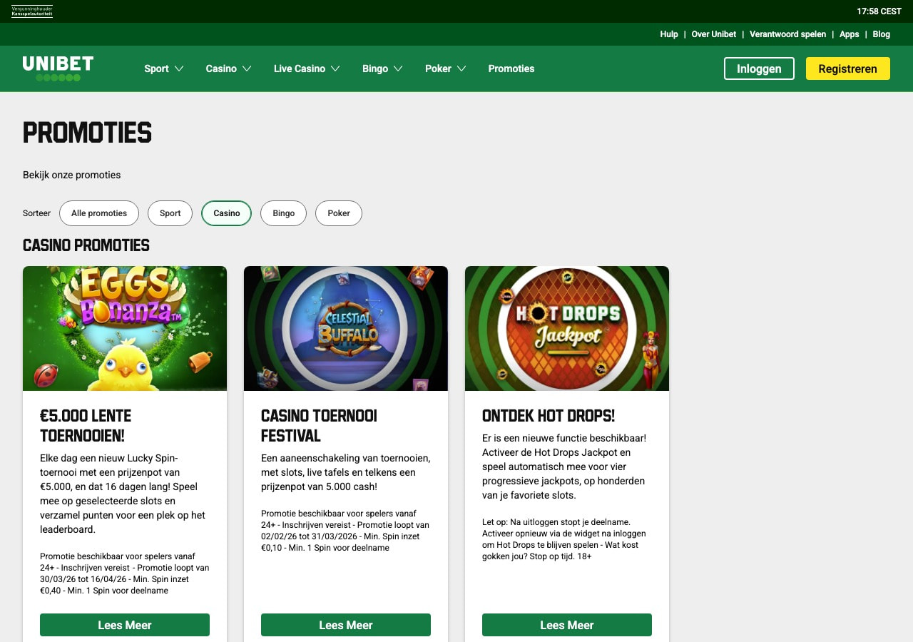Unibet casino promoties pagina met actieve toernooien