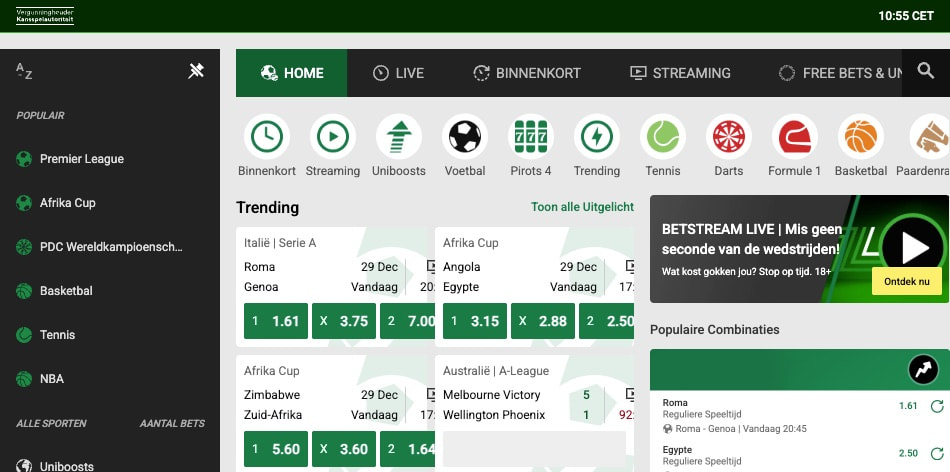 Schermafbeelding van de interface voor sportweddenschappen op de website van Unibet.
