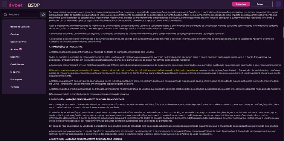 VBET's Internal Withdrawal Processing Time as Stated in the Terms and Conditions