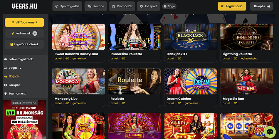 A Vegas.hu élő játékokat kínáló szekciója