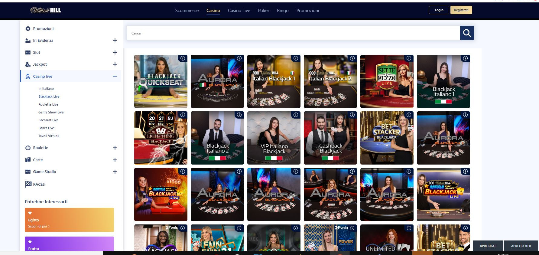 La sezione del casinò live di William Hill.