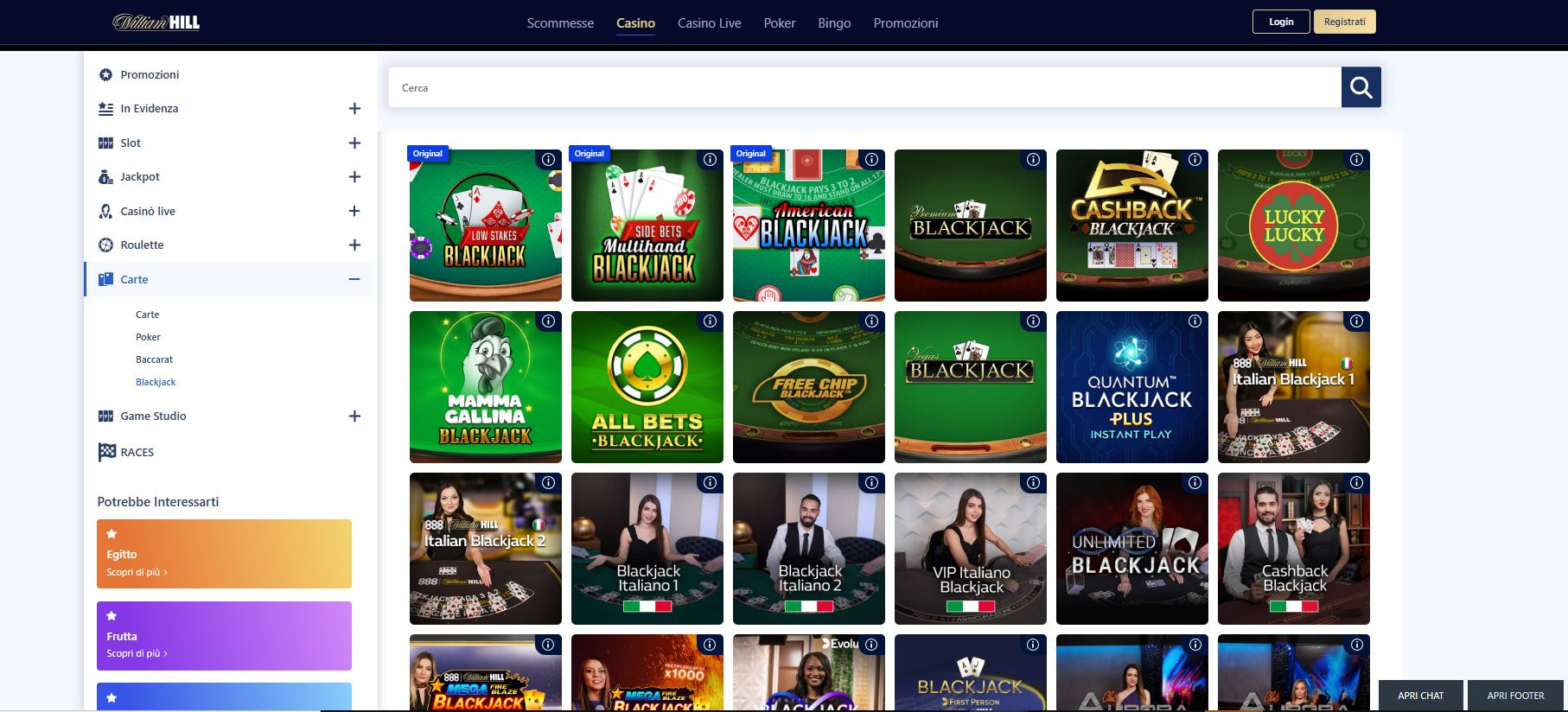 La schermata dei giochi di blackjack sul casinò online William Hill.