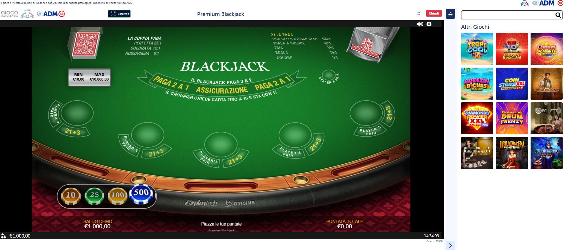 Il Blackjack Premium sul casinò William Hill.