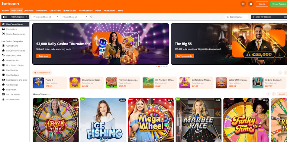 Betsson Live Casino Lobby