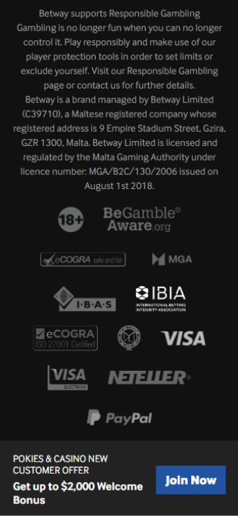 Betway's Casino Fairness Certificate by eCOGRA shown in the site's footer