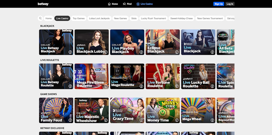 Betway Live Casino Games Lobby