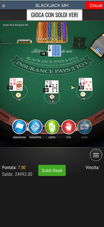 Una mano di gioco con la versione mobile del Blackjack Multihand di Play'n GO.