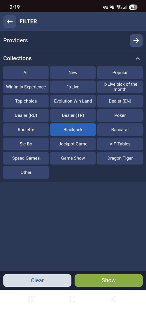 Filtros de Juegos del Casino 1xBet con Juegos de Blackjack Marcados
