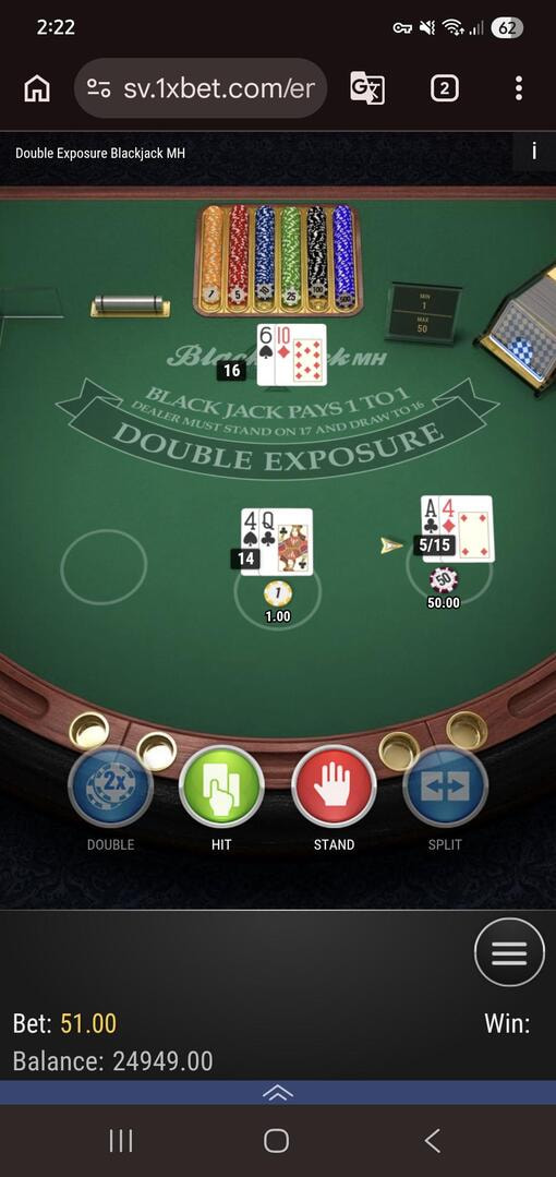 Demo de Double Exposure Blackjack MH de Play'n GO en 1xBet en El Salvador